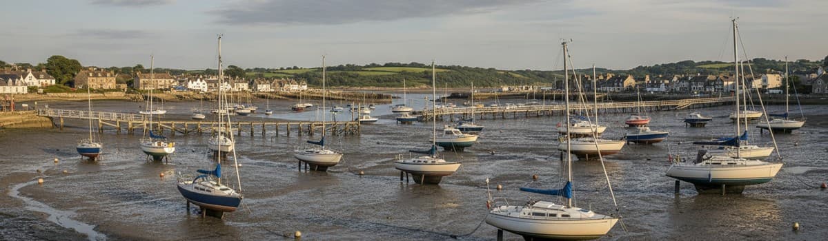 un port de plaisance à marée basse, vasière découverte et bateaux posés attendant le retour de l'eau, lumière d'été, san