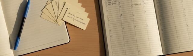 un bureau de lycéen vu de dessus en lumière naturelle, avec un cahier ouvert, une pile de petites cartes cartonnées manu