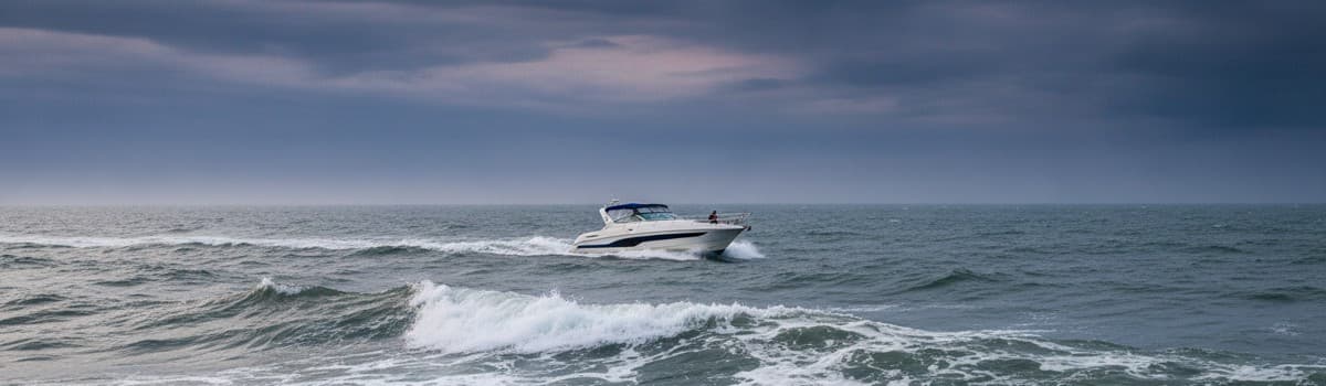 un bateau de plaisance à moteur au large sous un ciel de mer se couvrant, houle modérée moutonnant, ambiance avant grain