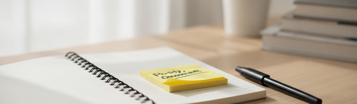un post-it jaune manuscrit collé sur un cahier ouvert, écriture au feutre lisant vaguement une consigne rappelée, stylo