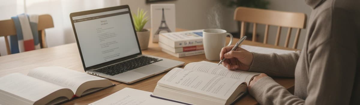 une personne adulte étudiant le français à une table lumineuse, avec des livres, un cahier et un ordinateur portable, am