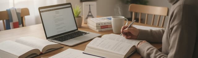 une personne adulte étudiant le français à une table lumineuse, avec des livres, un cahier et un ordinateur portable, am