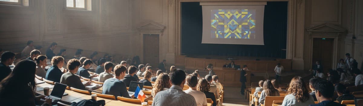 amphithéâtre universitaire français lumineux avec étudiants internationaux, carnet et drapeau tricolore discret, tons bl