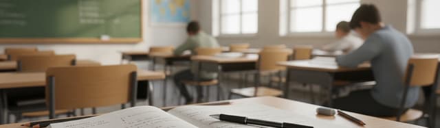une salle de classe de collège lumineuse, un cahier ouvert avec un stylo posé sur une page d'exercice de français, table
