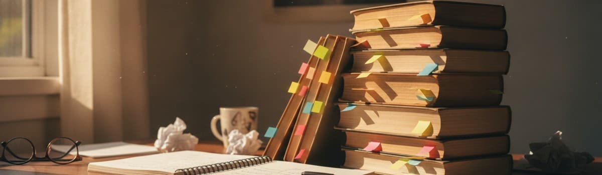 pile de romans classiques de poche annotés avec marque-pages colorés sur un bureau d'adolescent, cahier ouvert et stylo,