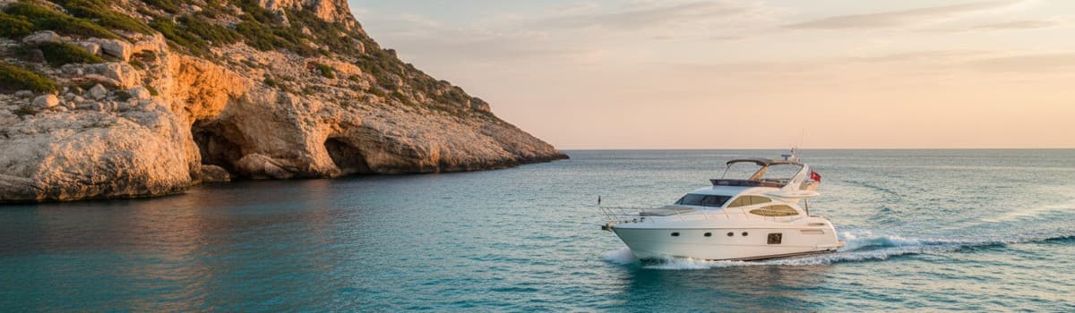 un bateau de plaisance à moteur naviguant en Méditerranée le long d'une côte rocheuse aux eaux turquoise, lumière d'été,