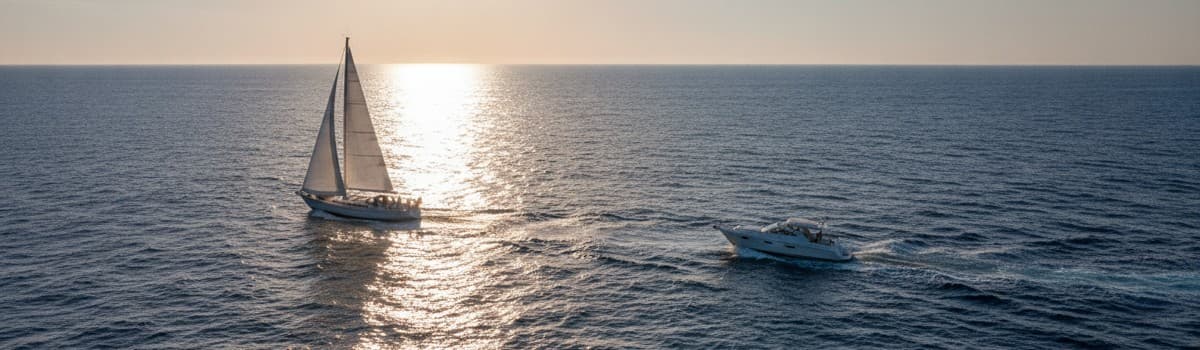 un voilier ou vedette au large, horizon dégagé sans côte visible, lumière estivale, sans marque commerciale ni personne