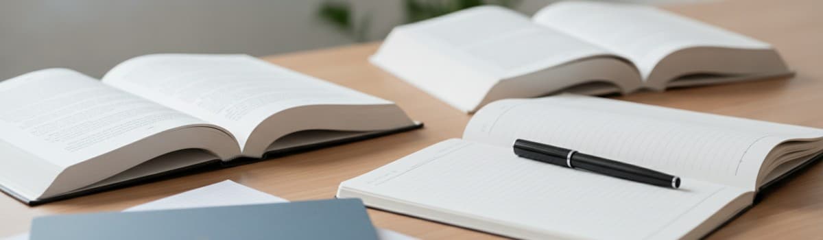 une table de travail claire avec des cahiers, un livre ouvert et un stylo, ambiance studieuse, sans logo ni texte lisibl