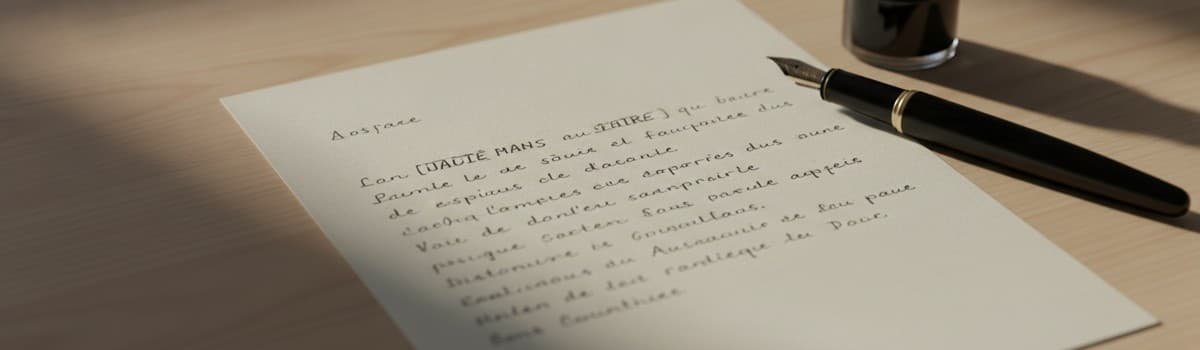 un plan rapproché en légère plongée sur une lettre manuscrite en français posée sur un bureau en bois clair, un stylo pl