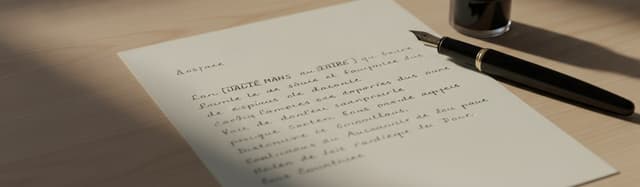 un plan rapproché en légère plongée sur une lettre manuscrite en français posée sur un bureau en bois clair, un stylo pl