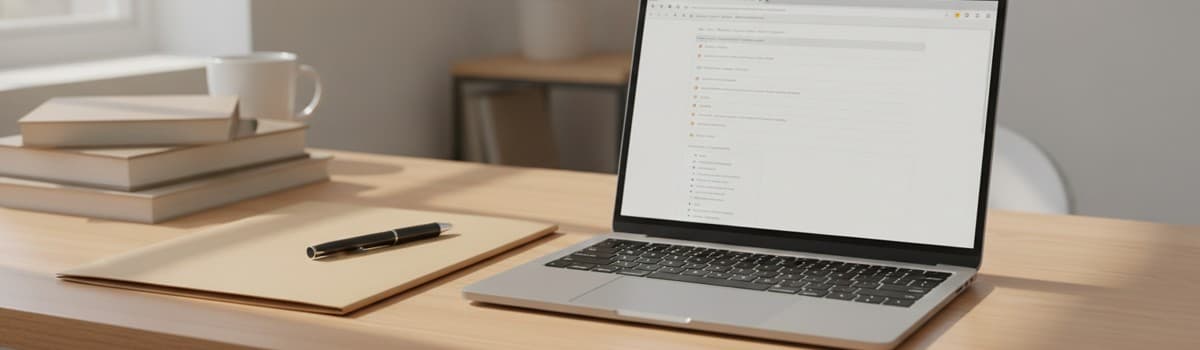 un ordinateur portable ouvert sur un bureau lumineux affichant une page administrative neutre (sans texte lisible), à cô