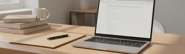 un ordinateur portable ouvert sur un bureau lumineux affichant une page administrative neutre (sans texte lisible), à cô