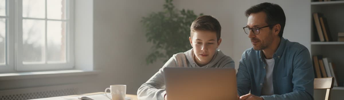 un collégien et un parent consultant un résultat d'examen sur un ordinateur portable à la maison, ambiance lumineuse et