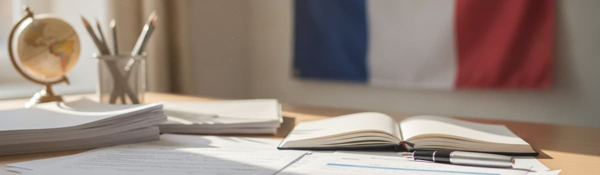 une table de travail claire avec des documents administratifs, un stylo et un drapeau français flou en arrière-plan, amb