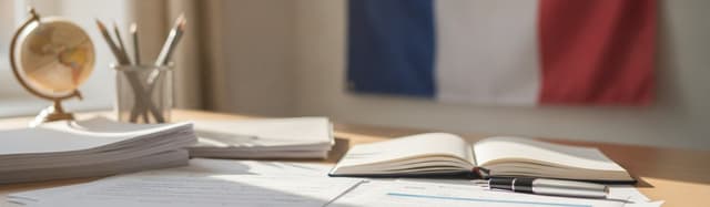une table de travail claire avec des documents administratifs, un stylo et un drapeau français flou en arrière-plan, amb