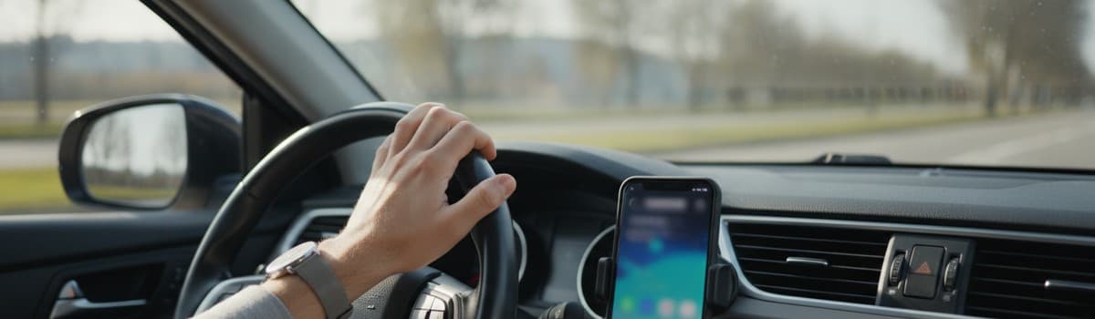 main posée sur un volant, smartphone visible en gros plan flou à l'intérieur d'un habitacle, ambiance jour, sans marque