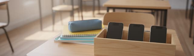 une boîte de rangement en bois clair posée sur un bureau de salle de classe lumineuse, avec quelques smartphones éteints