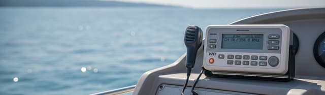 gros plan sur une VHF fixe de bord et son micro, sur un tableau de bord de bateau de plaisance, mer calme et lumineuse e