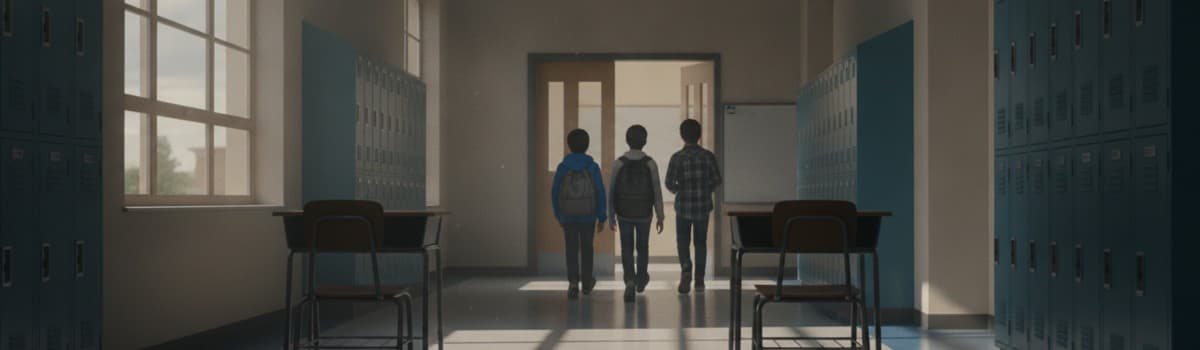 un couloir de lycée en début de matinée, quelques élèves de dos qui rejoignent leur salle, une porte de salle de classe