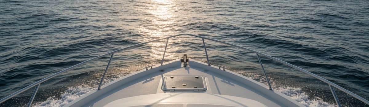 proue d'un bateau de plaisance vue depuis le poste de barre, mer bleue devant, ligne d'étrave centrée séparant nettement