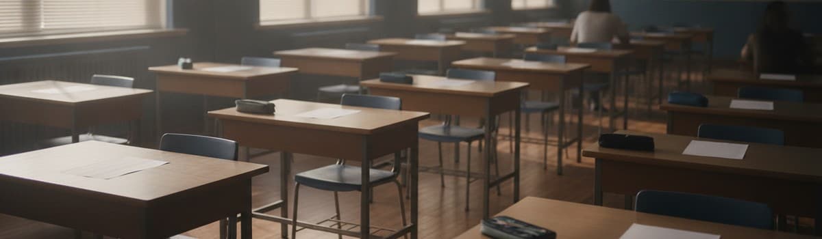 scène éditoriale sobre d'une salle d'examen de collège en début de matinée, rangées de tables individuelles avec copies
