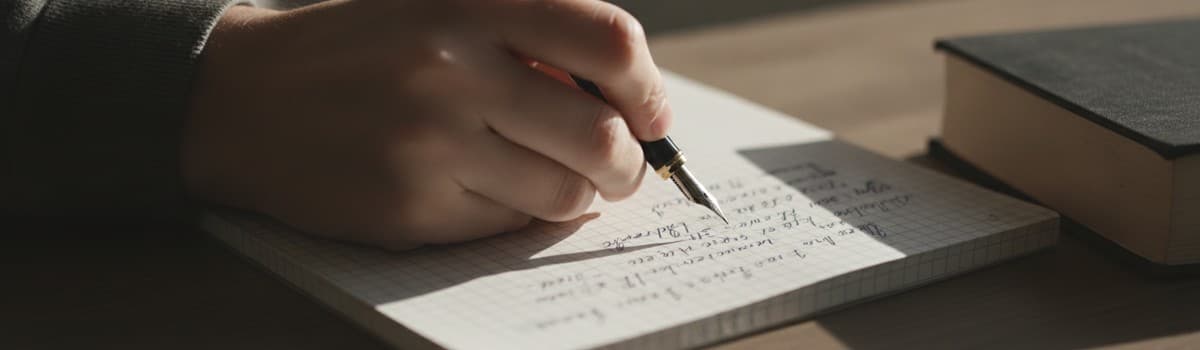 gros plan sur une main qui écrit au stylo plume sur un cahier à petits carreaux, page à moitié remplie, lumière rasante