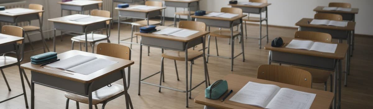 scène éditoriale sobre d'une salle de classe de collège installée en configuration d'évaluation, tables individuelles es