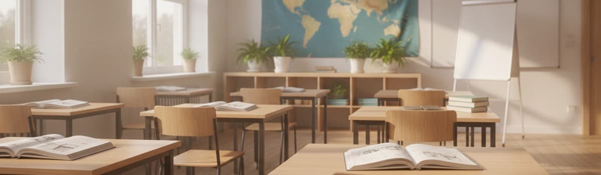 une salle de classe lumineuse et internationale, plusieurs cahiers ouverts et une carte du monde discrète au mur, ambian