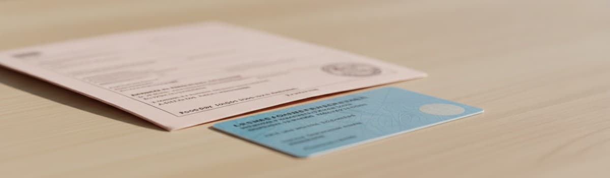 gros plan en lumière naturelle sur une table en bois clair où sont posés côte à côte un document administratif plié en t