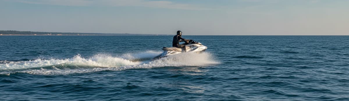 scooter des mers vu de trois quarts arrière filant sur une mer bleue légèrement formée, gerbe d'eau derrière la turbine,