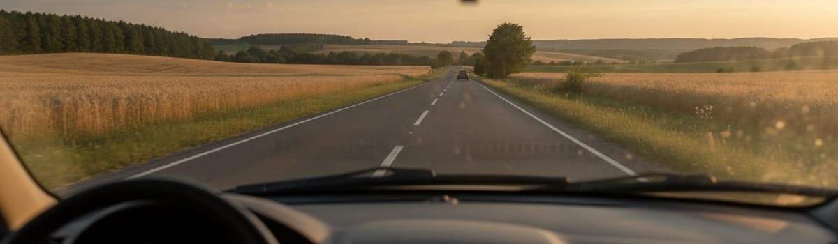 vue depuis l'intérieur d'une voiture par le pare-brise, route de campagne à double sens, ligne blanche discontinue, un v