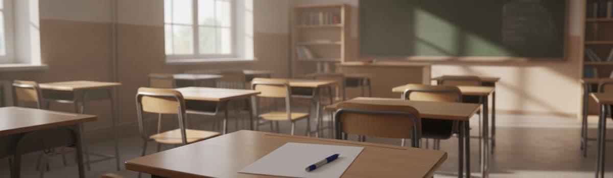 une salle de classe vide en début septembre, quelques tables alignées, lumière naturelle du matin par une grande fenêtre
