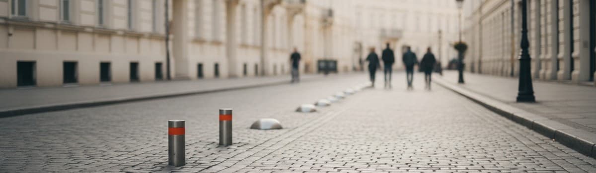 rue pavée de centre-ville en fin de matinée, bornes escamotables au premier plan, façades claires, quelques silhouettes