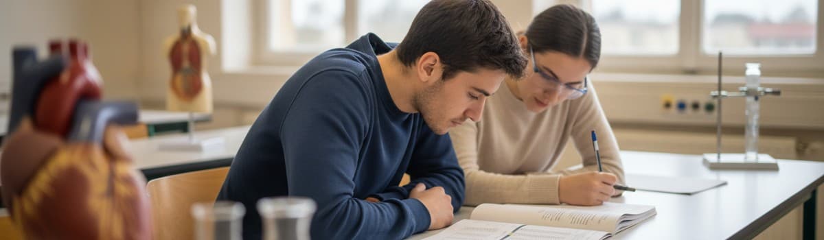 une salle de sciences d'un lycée technologique en fin de matinée, plan large documentaire, deux élèves de terminale penc