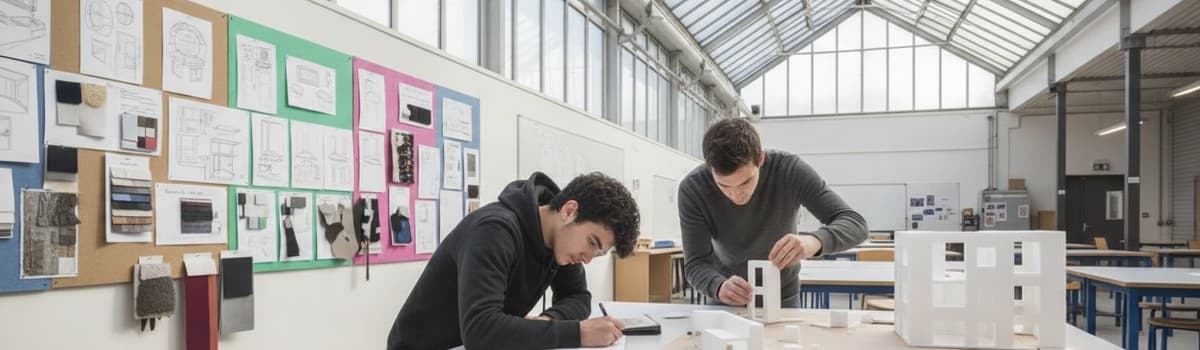 un atelier d'arts appliqués de lycée technologique en fin de matinée, plan large documentaire, deux élèves de terminale
