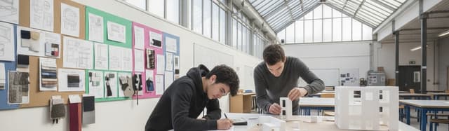 un atelier d'arts appliqués de lycée technologique en fin de matinée, plan large documentaire, deux élèves de terminale