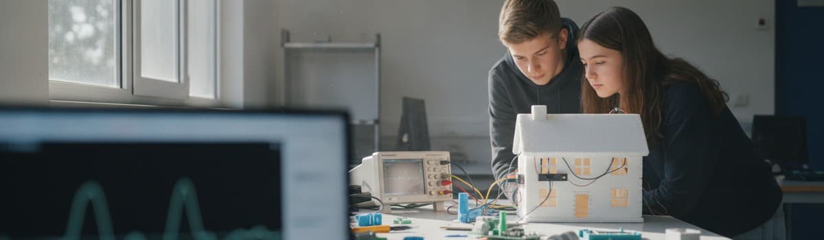 un laboratoire d'ingénierie de lycée technologique en fin de matinée, plan large documentaire, deux élèves de terminale