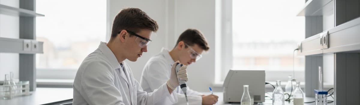 un laboratoire de biotechnologies de lycée technologique en matinée, plan large documentaire, deux élèves de terminale e