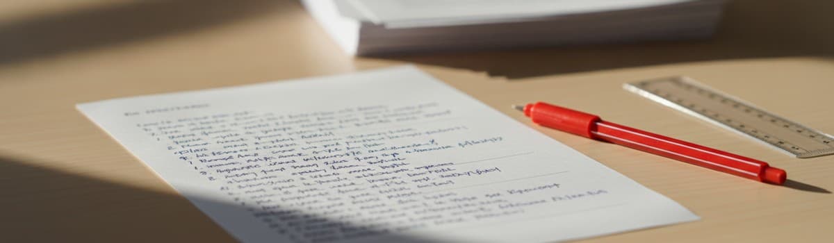 scène éditoriale sobre, une copie d'examen manuscrite posée à plat sur une table claire, un stylo rouge de correcteur et