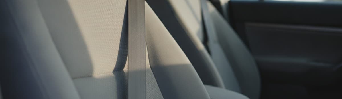 gros plan cadré serré sur une sangle de ceinture trois points tendue en diagonale sur un siège de voiture vide, lumière