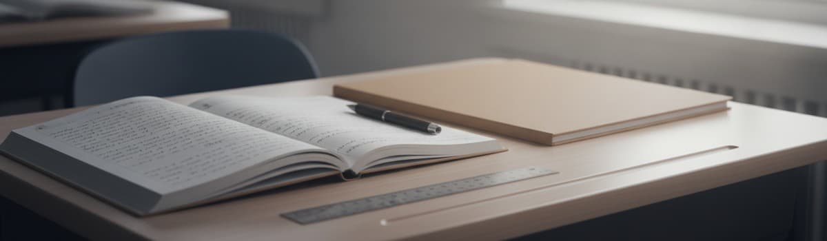 scène éditoriale sobre, un bureau d'élève vu de trois quarts dans une salle de classe lumineuse, un cahier ouvert avec u