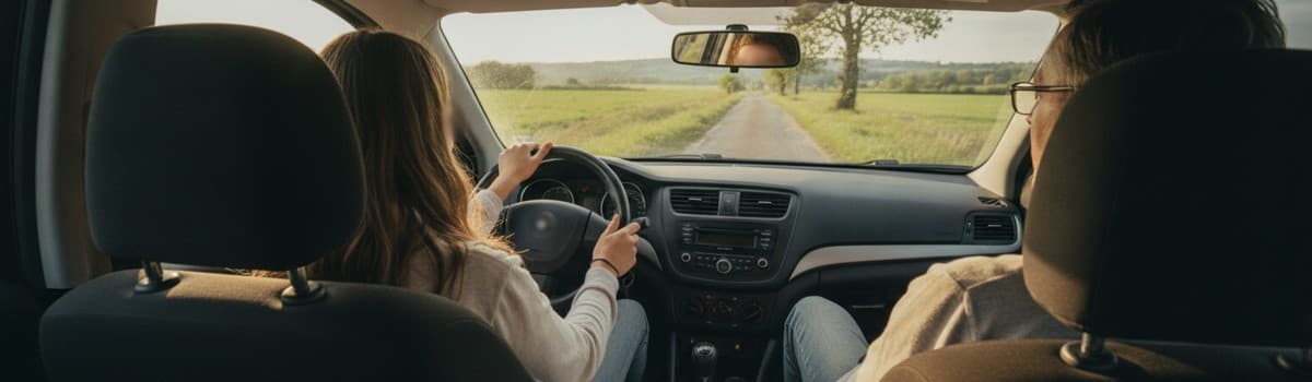 intérieur d'une voiture familiale vue de trois quarts arrière, une adolescente au volant et un adulte assis à la place p