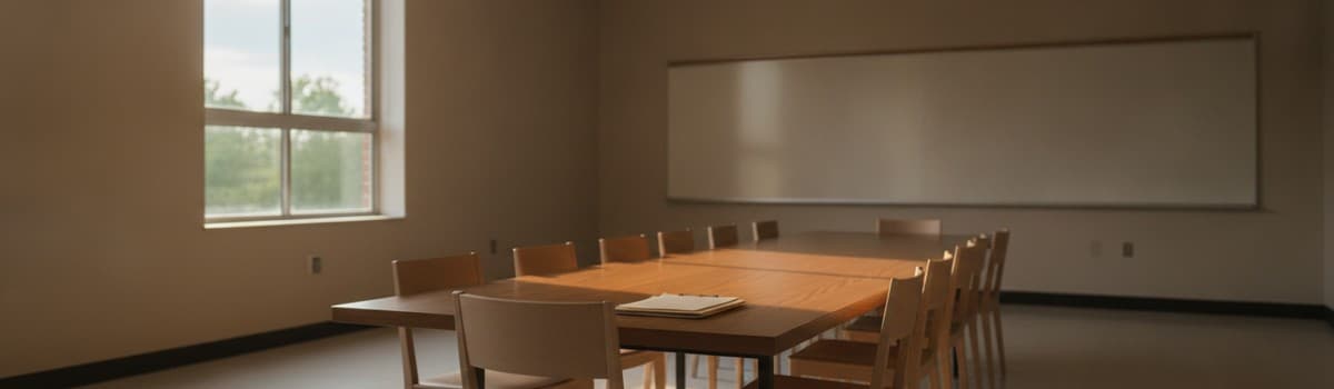 une salle de réunion sobre dans un lycée, une longue table entourée de chaises vides, un dossier fermé posé devant une p