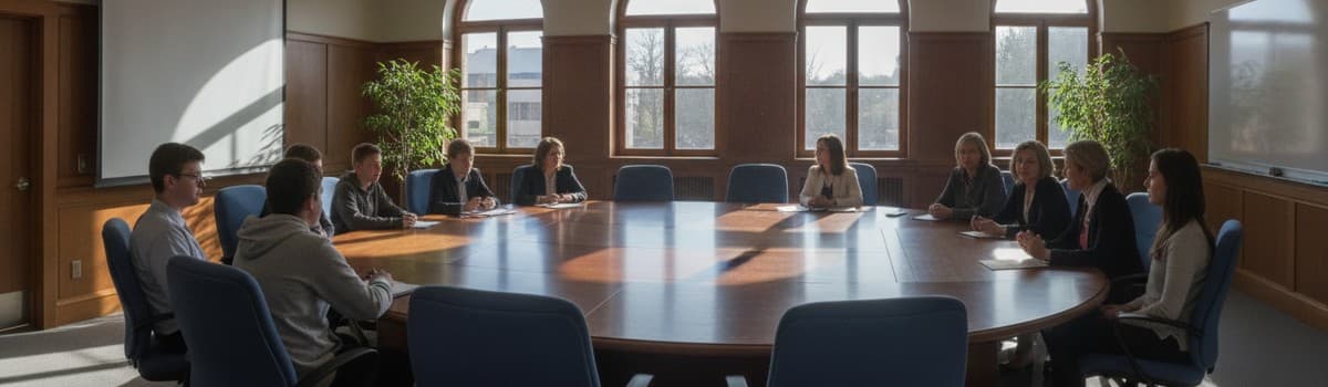 une salle de réunion de lycée, une grande table ovale entourée de chaises, quelques élèves adolescents assis face à des