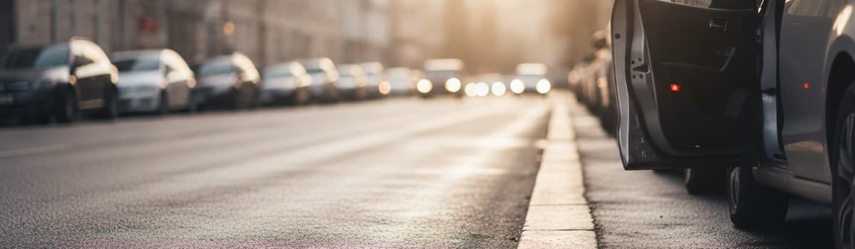 vue rasante au ras du bitume le long d'une file de voitures garées en bord de rue urbaine en fin d'après-midi, une porti