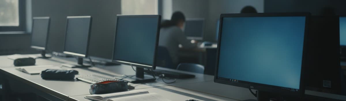 scène éditoriale sobre d'une salle informatique de collège en début d'année scolaire, rangée d'ordinateurs allumés sur d