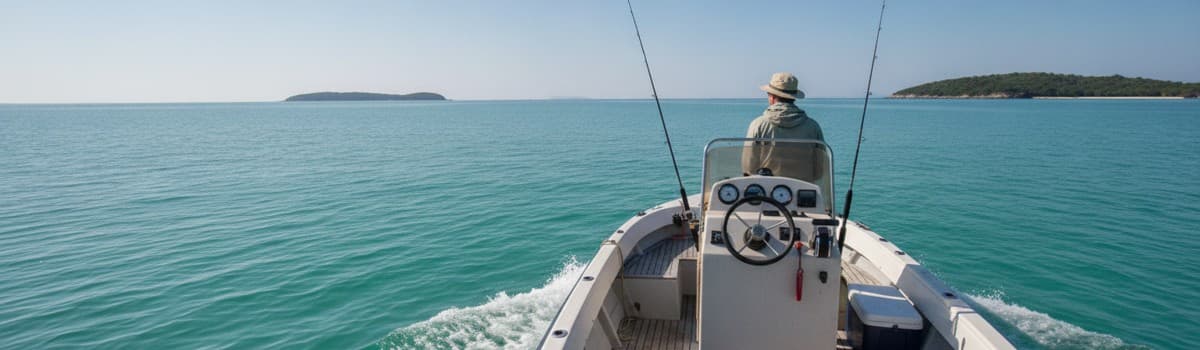 vue depuis l'arrière d'un petit bateau à moteur open en navigation calme par temps clair, sillage court, barre et consol