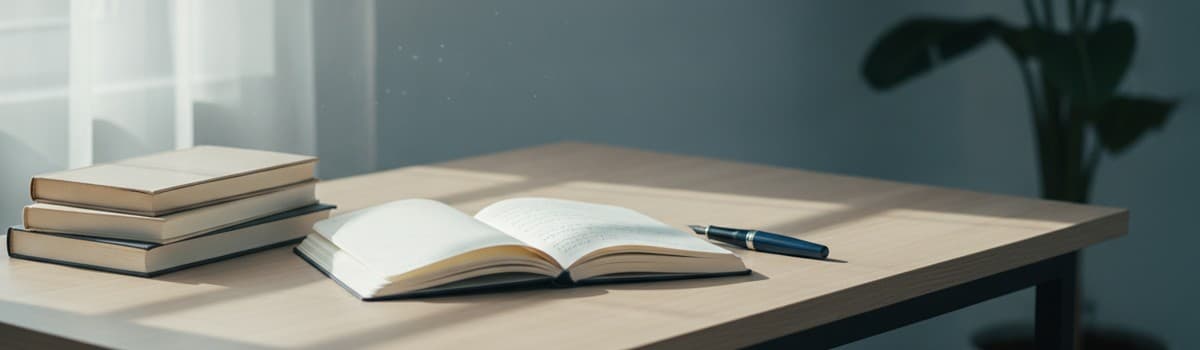 une table de travail claire avec un cahier ouvert, un stylo et quelques livres empilés, lumière naturelle douce, tons bl