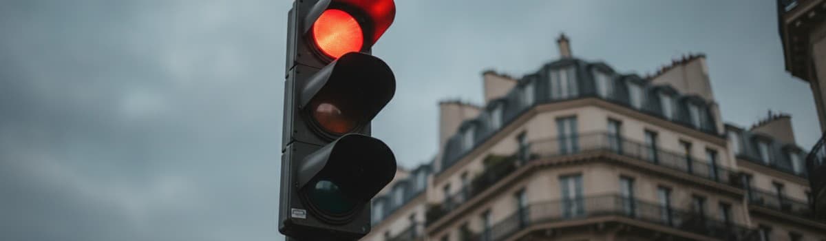 contre-plongée serrée sur un mât de signal tricolore urbain français en fin de journée, feu rouge allumé, façades hors m
