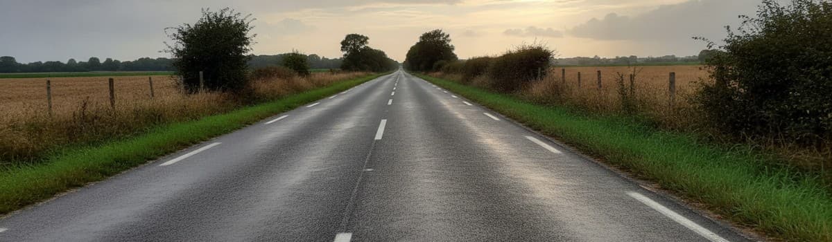 route départementale française à double sens vue de trois quarts arrière depuis le bord de la chaussée, bitume mouillé p